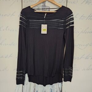 NWT Free People Jersey Top Size S Black Embroidered Mesh Inset
